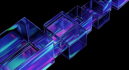 Abstract crystalline cubes with vibrant purple and blue reflections diagonally arranged on a dark background