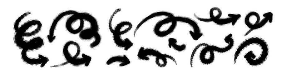 Hand drawn arrow set with halftone textures and sketch elements. Vector collection of brush strokes, doodle lines, and marker arrows for creative design projects.