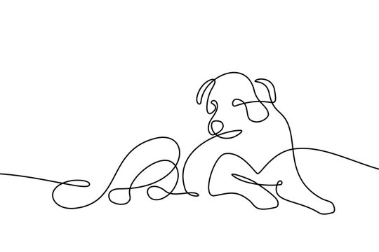 Dog resting. Continuous line art drawing style. Cute dog pet lying down minimalist black linear sketch isolated on white background. Vector illustration