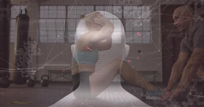 Wireframe head model initiating rotation with glitch, tracking trainee fitness crunch metrics