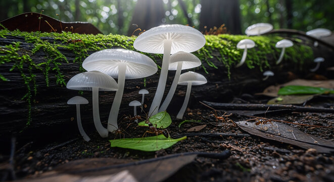 Macro of wild tropical mushrooms growing on mossy log in amazon forest floor.