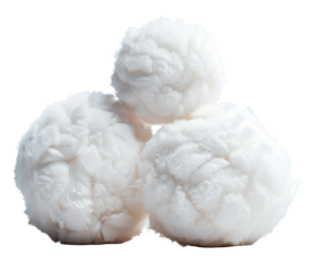 Three fluffy snowballs are positioned close together. Each snowball has a distinct shape and texture. They sit against a transparent background with no distractions
