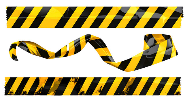 Two strips of wrinkled yellow and black striped caution tape for restricted areas. Isolated on transparent background, png