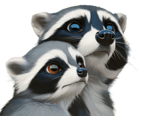 Two raccoons with detailed fur textures and expressive eyes are looking upwards against a plain white background, showcasing their features. isolated image, transparent background