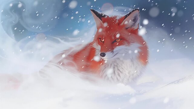 Red Fox in Winter Wonderland with Snow Falling.