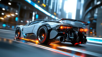 Obraz premium Futuristic sports car speeding through neon-lit city streets