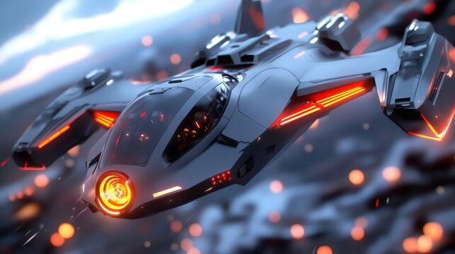Futuristic spaceship flying through space in fiery battlefield