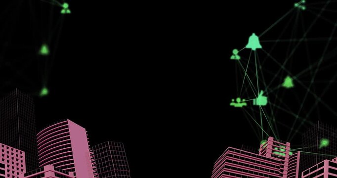 Animation of digital network of connections with icons over pink 2d cityscape model