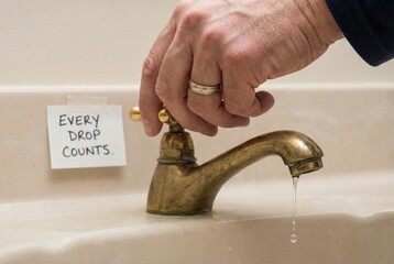 A hand turns a faucet in a bathroom. Water drips from the spout. There is a note on the wall that says every drop counts. The setting emphasizes water conservation
