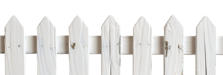 A section of a traditional white painted picket fence on a transparent background. It is cut out for easy use in creative projects