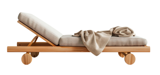 Single chaise lounge made of teak wood is placed on a transparent background. A soft blanket rests on the seat, showing a simple and clean design for various uses
