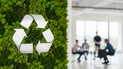 Metallic recycling symbol on green moss wall in office, eco-friendly corporate environment and sustainable innovation