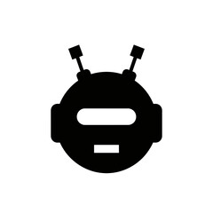 Simple black and white robot head icon for technology concepts.