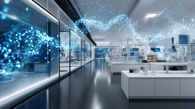 Blue DNA double helix with water molecule blue background. Human genetic research DNA, laboratory environment. Abstract image of human genetics, which glowing DNA strands merge with digital elements