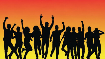 Silhouette of joyful people jumping and celebrating against vibrant sunset background with orange yellow and red hues conveying happiness and freedom in a lively atmosphere