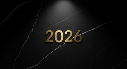 Gold 2026 Text on Dark Marble Background with Spotlight Effect