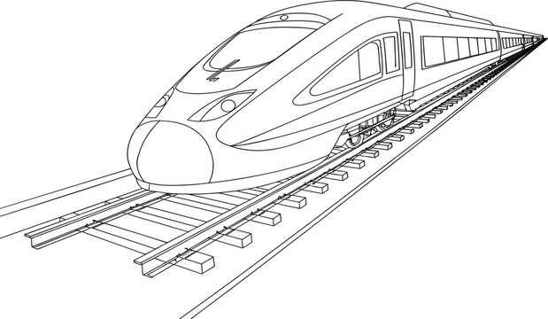 High speed train on railway track vector illustration, modern express locomotive outline for transport and travel