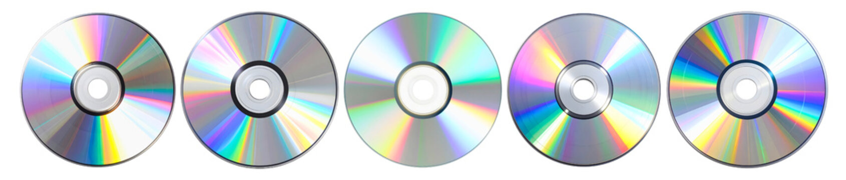 Set of Blank CD or DVD disc with rainbow holographic reflection, digital media mockup. Isolated on transparent background, png
