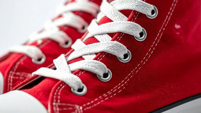 Close Up View of Red Canvas Shoes with White Laces and White Sole on a Bright Background
