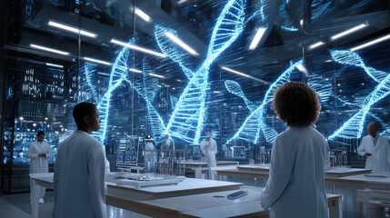 Fototapeta premium Gene Therapy for Cancer Treatment Concept Cancer therapy with T cells and DNA. Abstract image of human genetics, where glowing DNA mutation threads merge with digital elements
