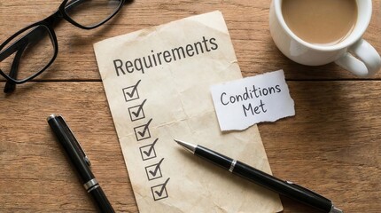 Requirements Checklist with Conditions Met on Wooden Desk