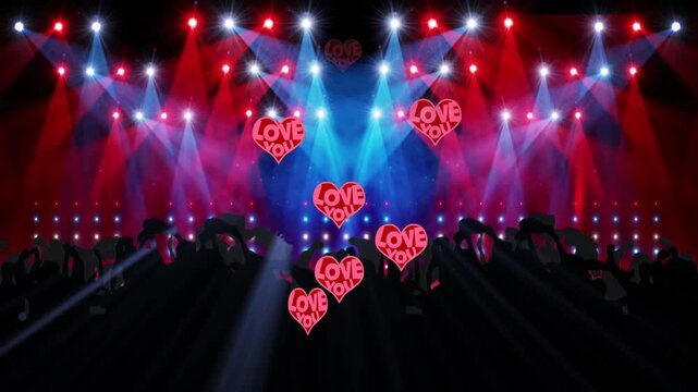 Animation of crowd of people dancing in music venue with colourful lights