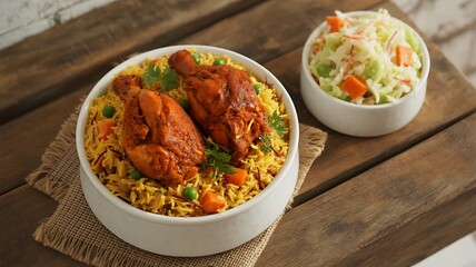 Aromatic chicken biryani with fresh coleslaw on a wooden table