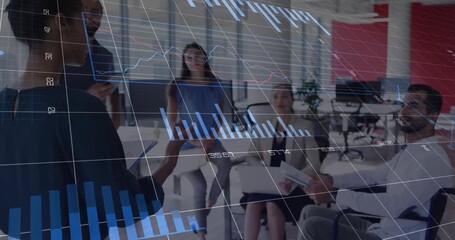 Statistical data processing against african american woman giving a presentation at office - Powered by Adobe