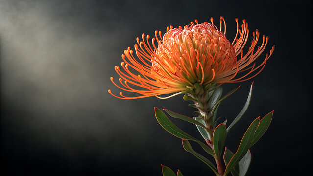 Vibrant Orange Pincushion Protea Flower in Bloom against Dark Background