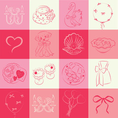Valentine day red icons. Hand drawn love hearts. Vector illustration. Heart in red color, party icon for design. Love, romance hearts. Vector icons. Heart love symbol, bows. For gifts, Valentine's Day