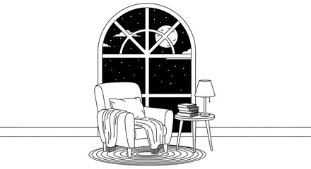 Cozy reading nook with armchair and table near the window at night time with stars and planets outside