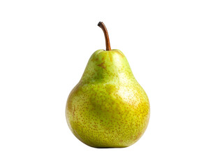 Ripe green pear with brown speckles and stem on black