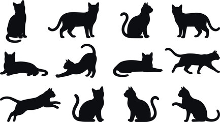 Silhouettes of cats in various natural poses including sitting, walking, running, stretching, and laying, illustrating feline behavior, pet movement, and animal posture in minimalist graphic style © Mst Jotsna