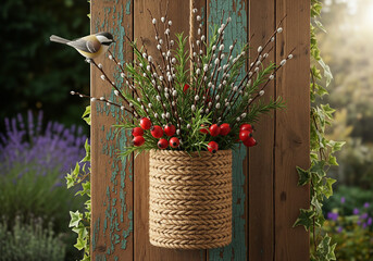 Rustic Hanging Basket with Bird and Flowers