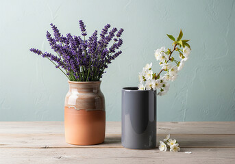 Lavender and White Blossoms in Decorative Vases