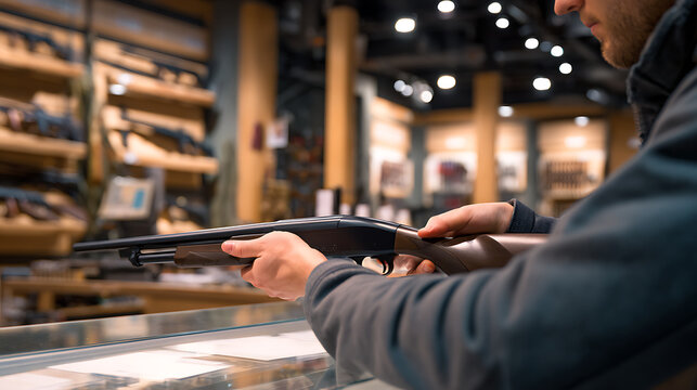 Man holding a rifle in a modern gun store. Wide selection of firearms is displayed on wooden racks in the background. Weapon shopping and security concept.
