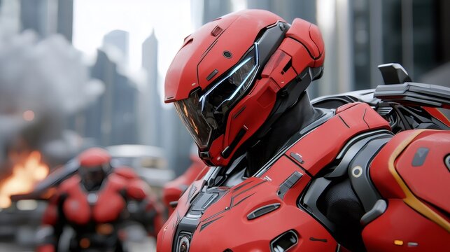 Futuristic firefighter wearing advanced powered armor suit fighting fire in metropolis