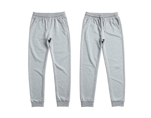 Two pairs of heather gray sweatpants lay flat, front and back views