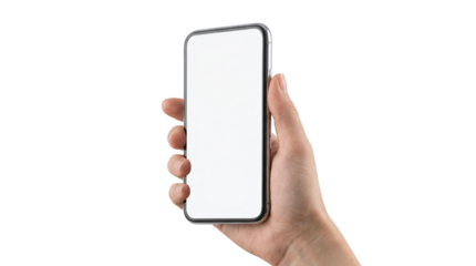 Hand holding modern smartphone with blank white screen isolated on transparent background