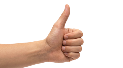 Human hand showing thumbs up gesture isolated on transparent background
