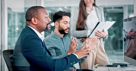 Business people, stress and team with computer screen, trading data and financial loss in office. Traders, stock market analysis and mistake with discussion for risk, fail or liquidation with tablet - Powered by Adobe