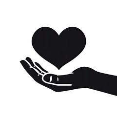 Obraz premium Black silhouette of a hand cupping a floating heart, against a stark white backdrop