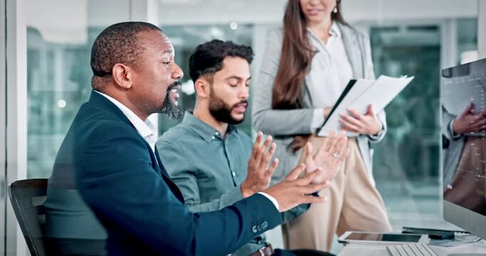 Business people, stress and team with computer screen, trading data and financial loss in office. Traders, stock market analysis and mistake with discussion for risk, fail or liquidation with tablet