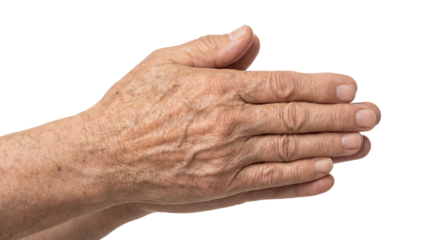 Elderly hands in clapping or praying gesture isolated on transparent background