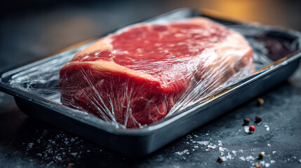 Fresh raw beef steak in a black plastic tray with transparent plastic wrap for supermarket grocery product concept