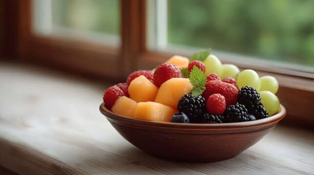 A bowl brimming with fresh mixed berries melon chunks and grapes resting on a wooden ill with a blurred natural background