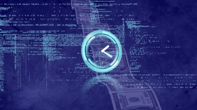 Animation of neon ticking clock and data processing over us dollar bills against blue background