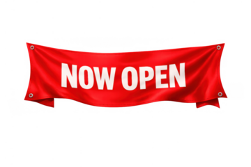 Red textile banner displaying now open text, symbolizing new store openings, business launches, and promotional events. Transparent background
