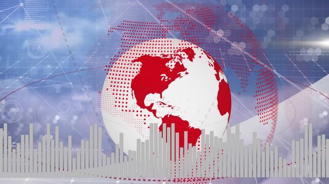 Animation of globe with arrows over wind turbines in countryside