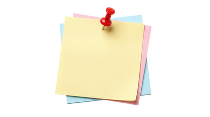 Stack of pastel sticky notes with red push pin isolated on transparent background.